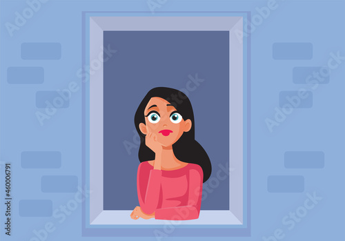 Sad Woman Sitting by the Window Vector Illustration 