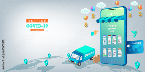 Vaccine on Mobile Application , Covid-19 vaccine Online on Website or smartphone as protection, healthcare concept, Vector illustration.