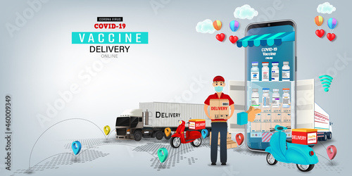 Vaccine on Mobile Application , Covid-19 vaccine Online on smartphone. Online order tracking,Delivery home and office. City logistics. Warehouse, truck, forklift, courier. vector illustration.