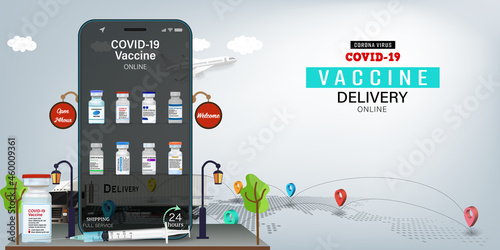 Vaccine on Mobile Application , Covid-19 vaccine Online on smartphone. Online order tracking,Delivery home and office. City logistics. Warehouse, truck, forklift, courier. vector illustration.
