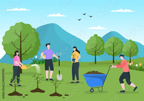 People Planting Trees Flat Cartoon Vector Illustration With Gardening, Farming and Agriculture Use Tree Roots or a Shovel For Caring Environment Concept