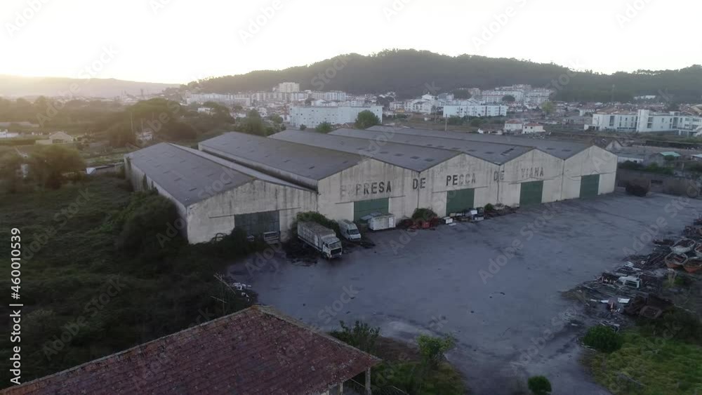 Drone shot of abandoned fish factory, Viana do Castello Portugal at sunrise