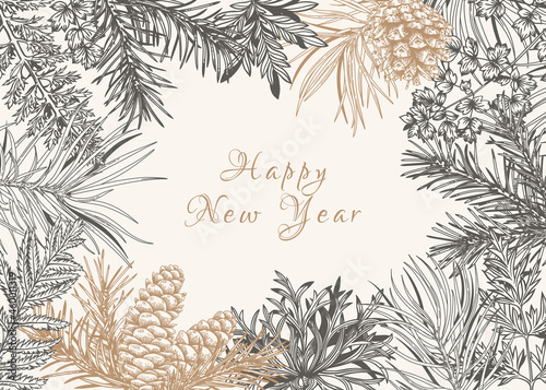 Botanical frame with fir and pine branches, cones, fern and leaves. Vector Christmas card. Botanical illustration. Engraving style. Black and White and golden background.