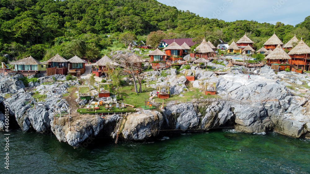 Aerial view from drone of Paree Hut resort in Si Chang island, Thailand with features accommodation on private balconies and outdoor pool