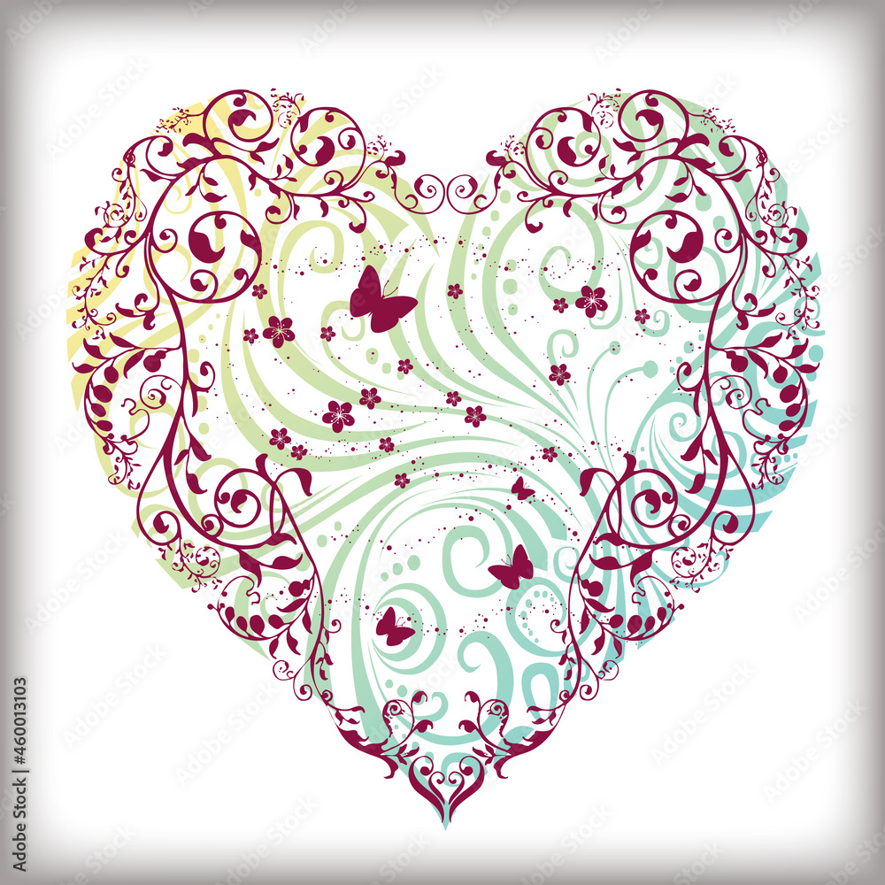 植物と蝶が舞うハートのイラスト/ Heart Shape with Plants, Flowers and Butterflies 植物と蝶が舞うハートのイラスト/ Heart Shape with Plants, Flowers and Butterflies
