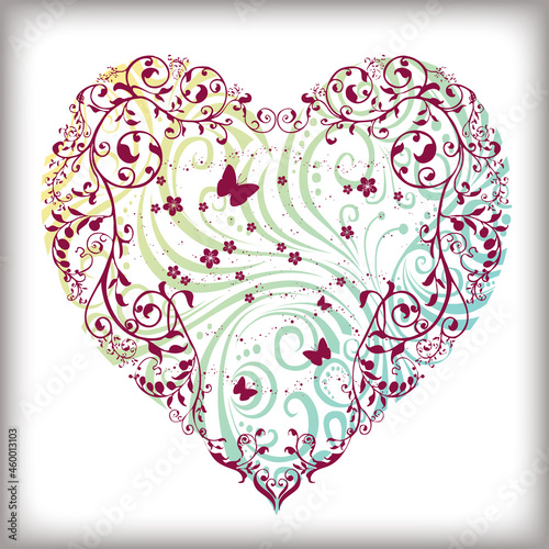 植物と蝶が舞うハートのイラスト/ Heart Shape with Plants, Flowers and Butterflies