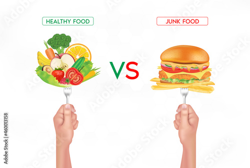 Healthy food versus junk food. Diet nutrition and weight loss Greasy cholesterol and vitamins from fruits vegetables. Choose foods that are beneficial to the body. Medical food concept. 3D Vector
