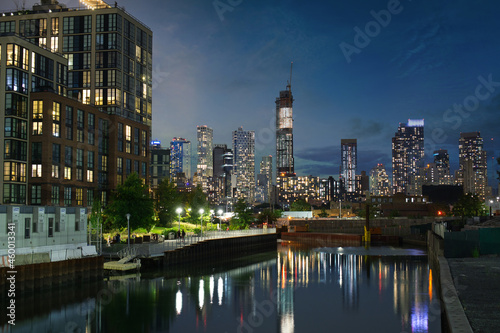 Skyscraper, towers in Downtown Brooklyn seen from Gowanus Canal during sunset