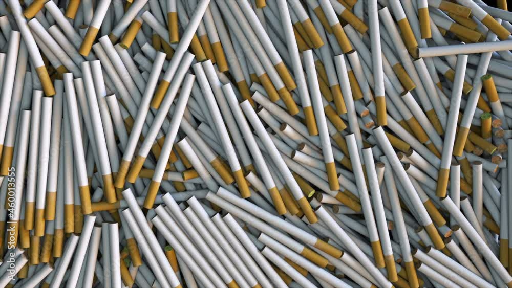 Vidéo Stock Stream of cigarettes with filter pouring into 3d render of