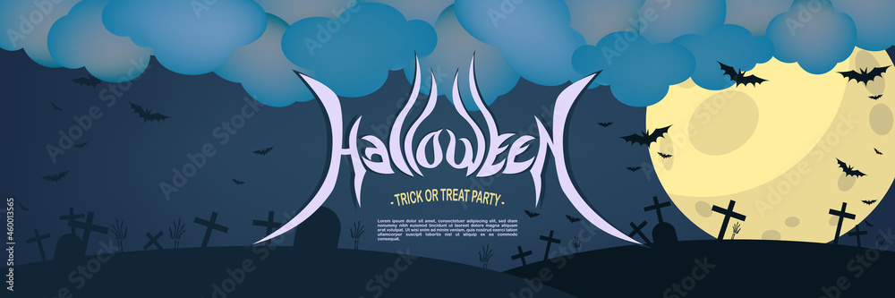 Happy Halloween banner or party invitation background with night clouds, moon, tree and bat. 