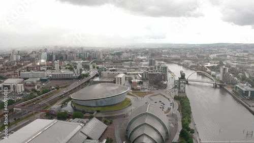 Close circling drone shot around SEC armadillo SSE Hydro Building Glasgow Scotland photo