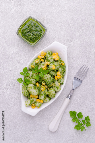 Gnocchi with corn and green sauce