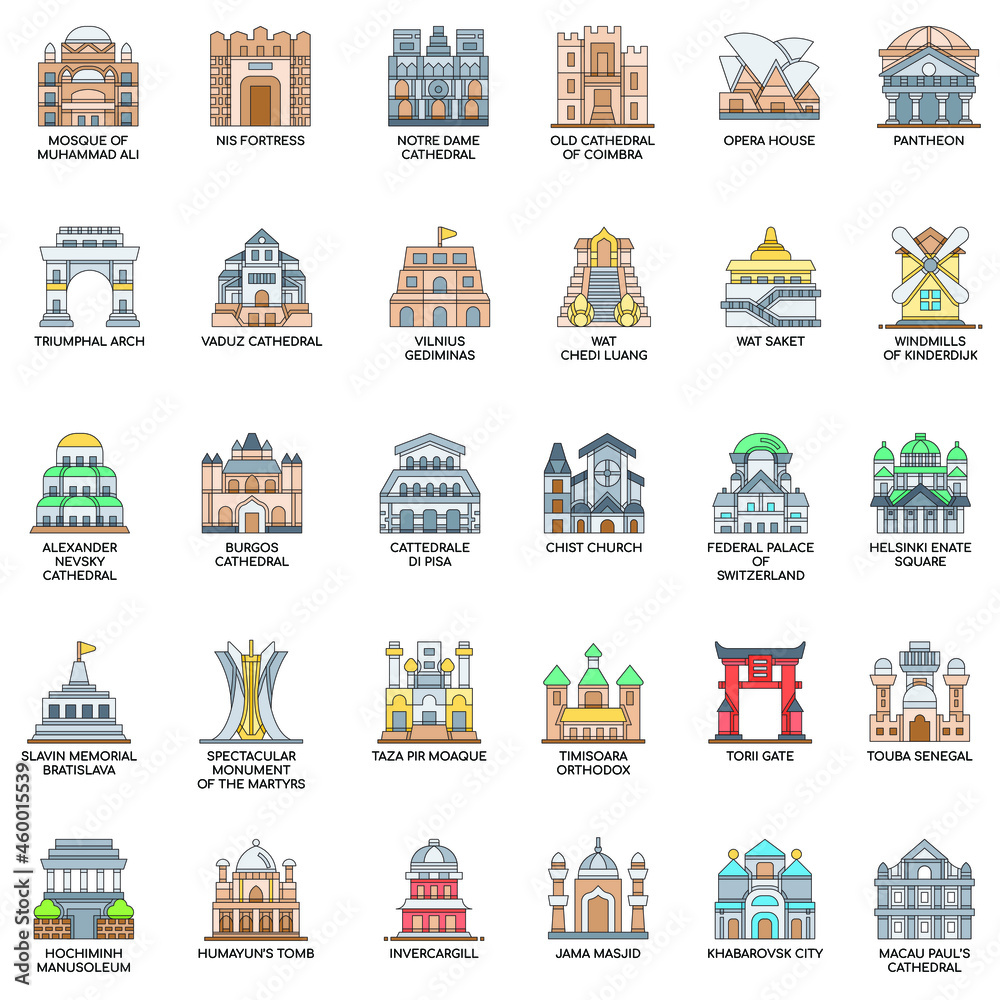 Landmark buildings and architecuture  flat color collection vector set