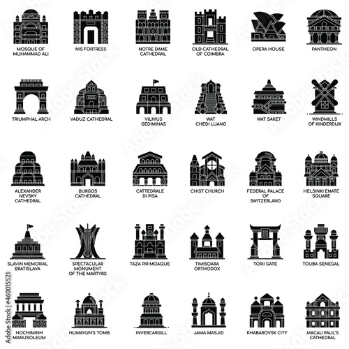 Black and white Landmark buildings and architecuture  flat collection vector set