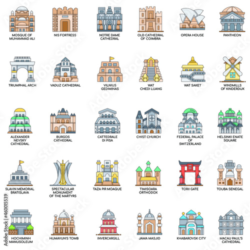 Landmark buildings and architecuture  flat color collection vector set