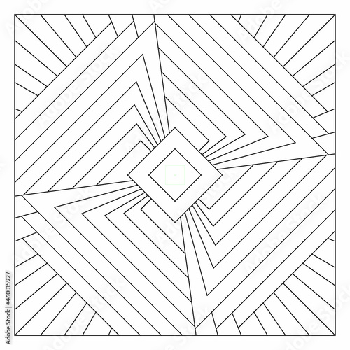 Easy coloring pages for seniors and for adults. Tile pattern design. Composition of 4 fold rotational symmetry of various shapes of paper sheets in tile square form. EPS8 file. #320