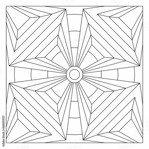 Easy coloring pages for seniors and for adults. Tile pattern design. Composition of 4 fold rotational symmetry of 3d shapes with circles, in tile square form. EPS8 file. #319