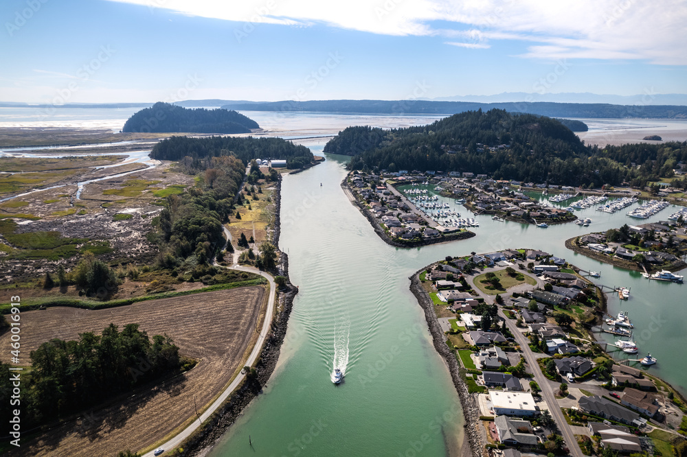 Aerial View of Boat in Swinomish Channel by Shelter Bay in Washington State