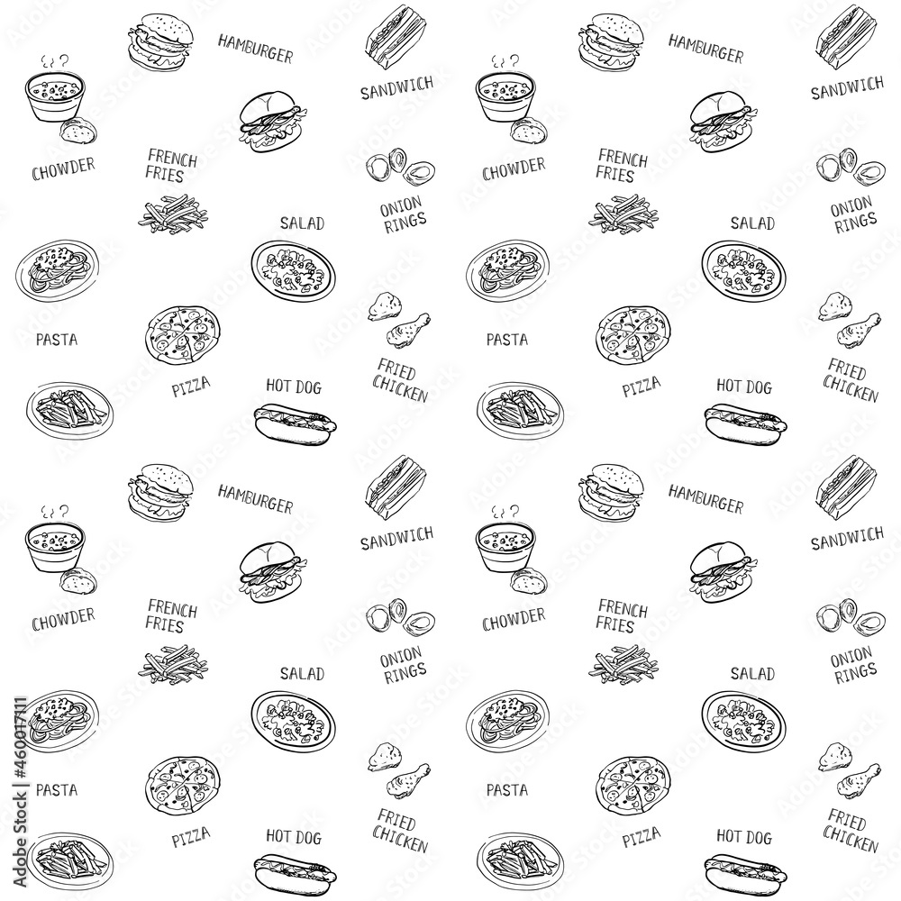 ファストフードメニュー 背景素材 手描き 線画 ファストフードメニュー 背景素材 手描き 線画