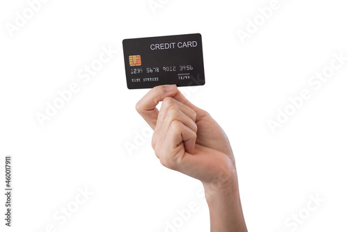 Close up of woman hold a black credit card for financial transactions.