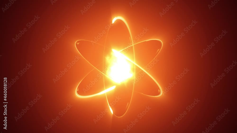 Dynamic neon lights atom model. Abstract fire atom or fireball animation rotation around nucleus on black background. Concept of science, energy, matter, quantum physics.