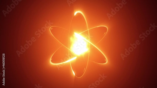 Dynamic neon lights atom model. Abstract fire atom or fireball animation rotation around nucleus on black background. Concept of science, energy, matter, quantum physics.