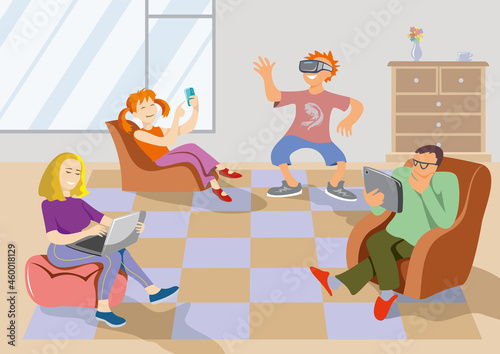 Family members using electronic gadgets at home, business and entertainment, flat cartoon vector illustration