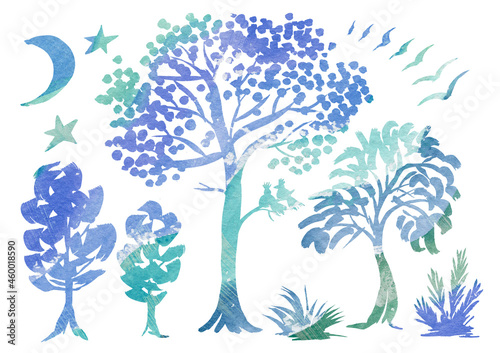 Watercolor artistic multicolor night forest landscape on white background. Doodle and scribble. Blue, turquoise, violet and green gradient Watercolour tree, moon, birds, star, grass and bush for © Andrei