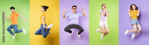 Collage of ten happy carefree jumping, isolated on background