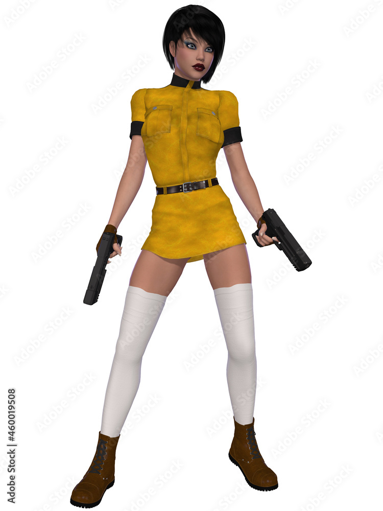 3d illustration of a woman posing with guns