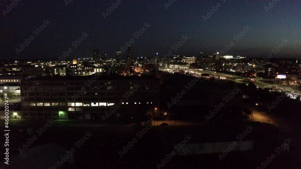 City of Grand Rapids, Michigan being revealed by a drone in the morning light