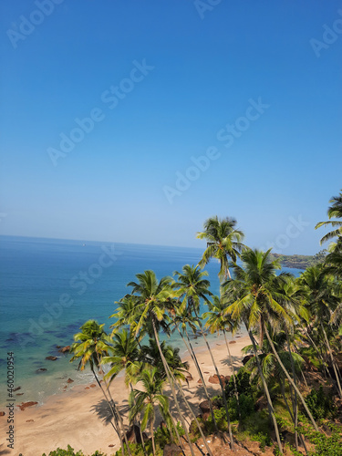 Blue clean water with palm trees in goa beach. Cabo de rama beach. 