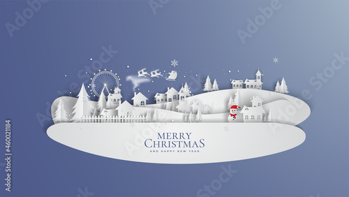 Merry Christmas and Happy New Year. Illustration of Santa Claus on the sky coming to City ,paper art and digital craft style