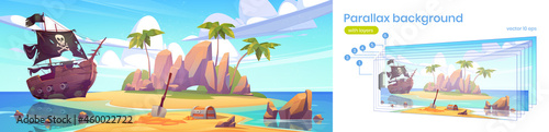 Tropical island with pirate ship and treasure chest on beach. Vector parallax background for game animation with cartoon sea landscape with wooden boat with skull on sails and palm trees on coast