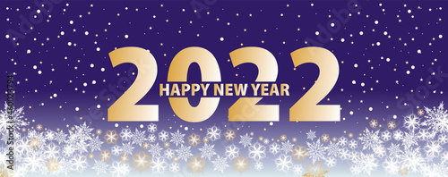 2022 Happy New Year card template. Design patern snowflakes white, gold and gradient blue color.