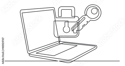 one line drawing of laptop computer with lock and key as business concept of cyber security