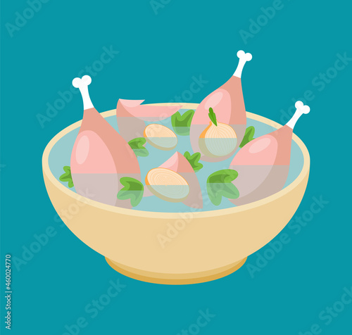 Chicken soup isolated. Liquid food with chicken legs. vector illustration