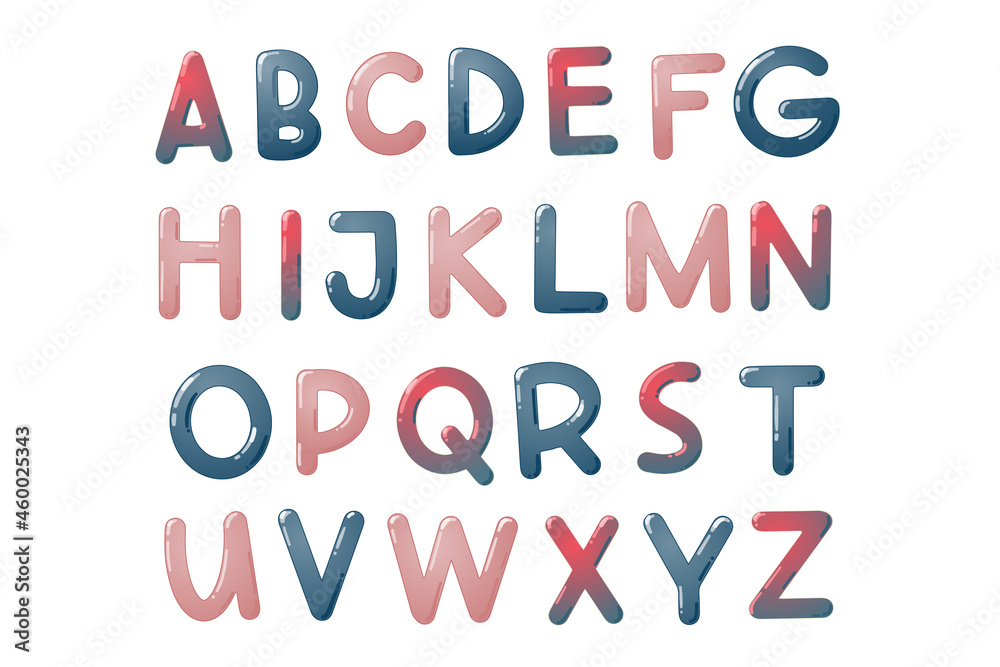Colorful children font. Glossy kids alphabet in cartoon style. Vector typography for school, preschool and kindergarten design.