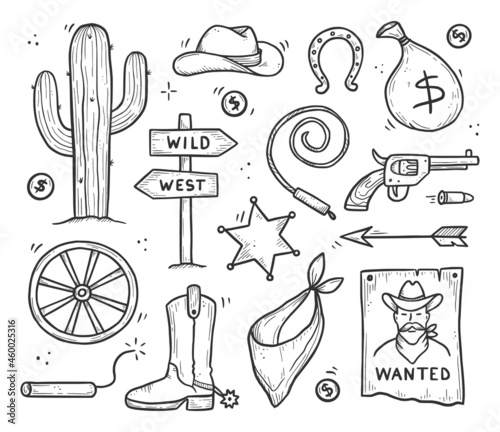 Cowboy western doodle set. Hand drawn sketch line style. Cowboy hat, cow skull, gun, cactus element. Wild west vector illustration.
