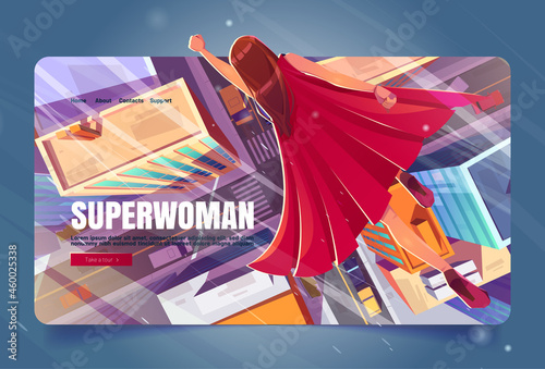 Fotografie, Obraz Superwoman cartoon landing page, super hero girl in red cape flying with raised hand in sky above modern city