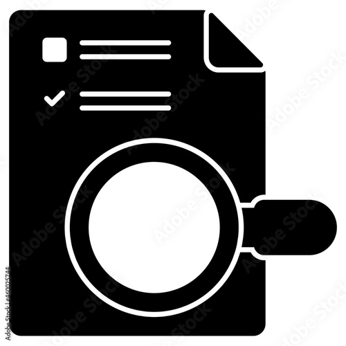 Document under magnifying glass, icon of search paper