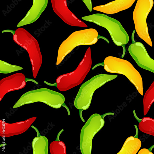 Red, Green, Yellow Pepper vector seamless pattern. Mexican chili spicy vegetable. Hot paprika texture.