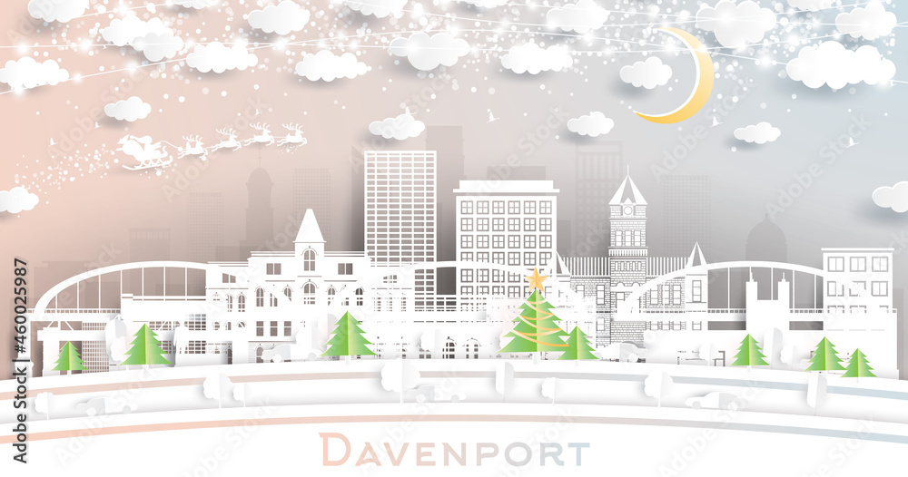 Davenport Iowa City Skyline in Paper Cut Style with Snowflakes, Moon and Neon Garland.