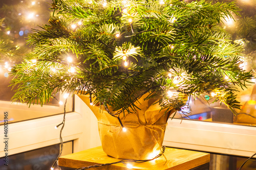 Christmas ball on a Christmas tree with a garland on the background of a wooden wall