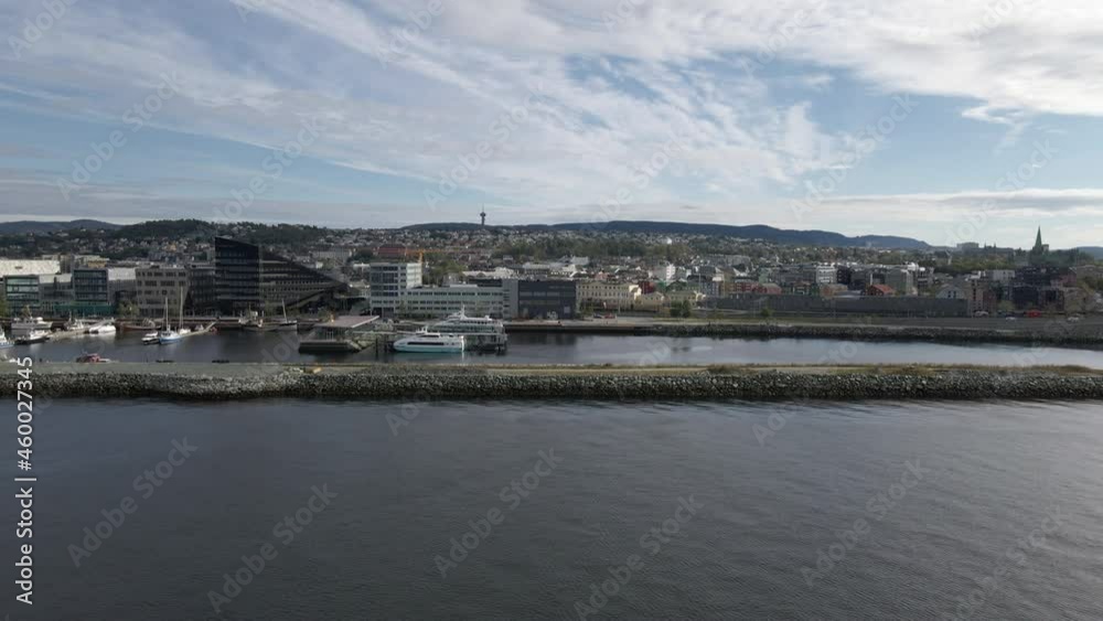 Flying Towards Trondheim Port In Norway - aerial drone shot Flying Towards Trondheim Port In Norway - aerial drone shot