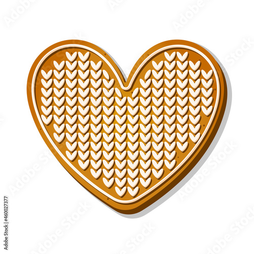Christmas gingerbread cookie in heart shape with knitted ornament in cartoon style. Romantic baked cookie isolated on white background. Homemade sweet biscuit. Vector illustration