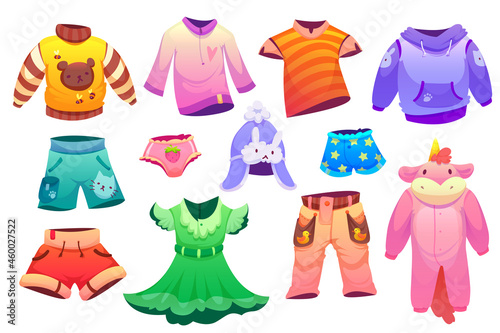 Kids fashion clothes for boys and girls. Vector cartoon set of cute children garment, t-shirts, shorts, dress, sweaters, pajamas in shape of unicorn, hat and pants isolated on white background