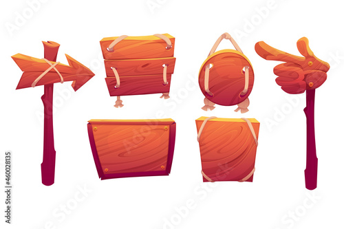Wooden signboards, plank and pointers in shape of arrow and hand. Vector cartoon set of old wood panels, square and round timber boards and direction signs isolated on white background