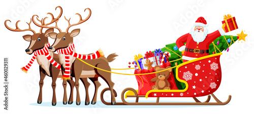 Santa claus on sleigh full of gifts and reindeer.