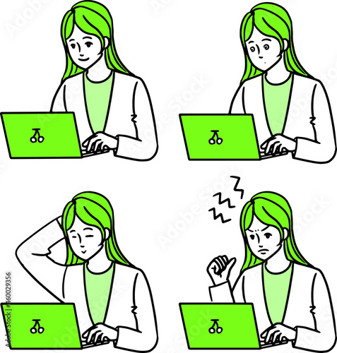 パソコンに向かう女性の表情４バリエーション